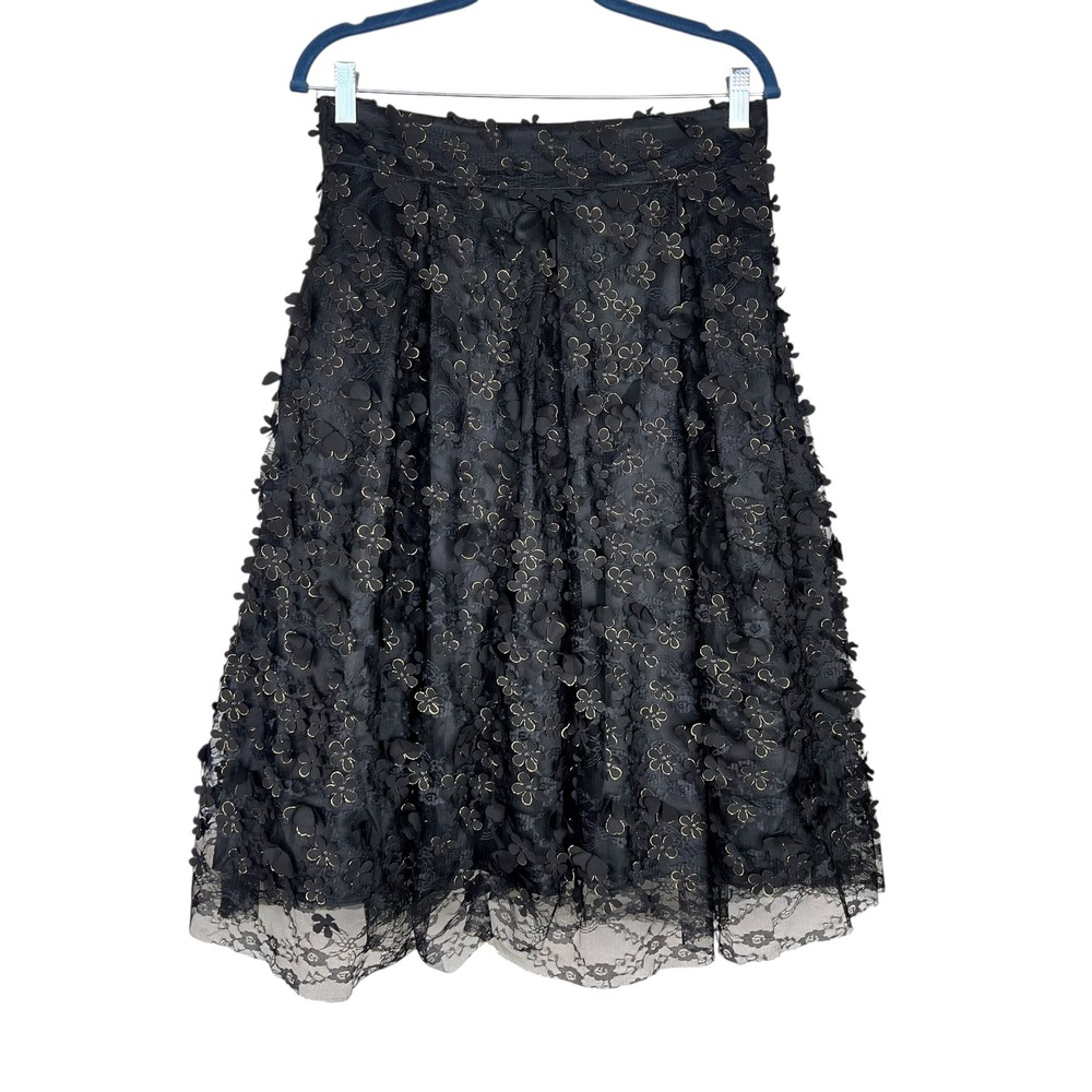 Eliza J Black Floral 3D Applique Lace A-Line Midi Skirt Gold Dark Fairy Goth